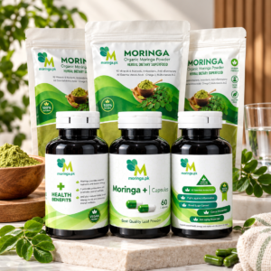 Moringa powder pouches and capsule bottles